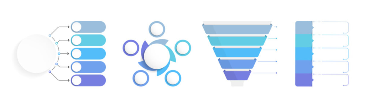 Five options infographic templates - four layouts including funnel, circle diagram, and list diagrams with line connectors. 5 options process charts for web, business, presentations