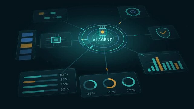 AI Agent Hub Board Interface, Digital Dashboard Display, Futuristic Data Visualization, Interactive Technology Elements, Analytics Graphics, Modern UI Design, Motion Graphics Animation