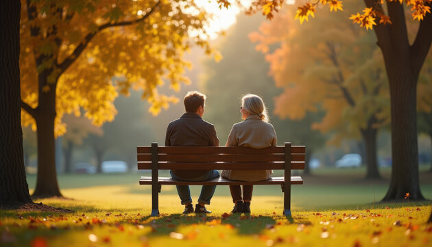 Senior couple on wooden park bench in golden autumn light, back view of senior couple sitting closely holding hands among fallen leaves and sunlit trees, soft bokeh and tranquil portrait,