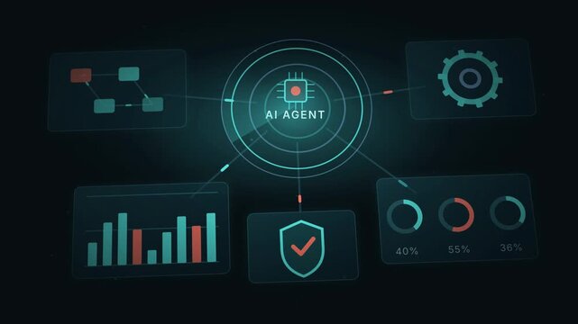 AI Agent Hub Console Visualization, Data Analytics Interface, Futuristic Technology Display, Interactive Dashboard Elements, Machine Learning Insights, Cybersecurity Overview, Modern UI Design