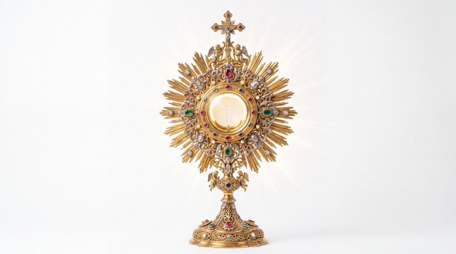 Ornate Monstrance with Host and Jewels on White Background