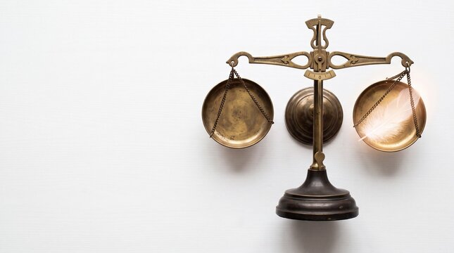 Antique brass scale with a single feather on one side and empty on the other
