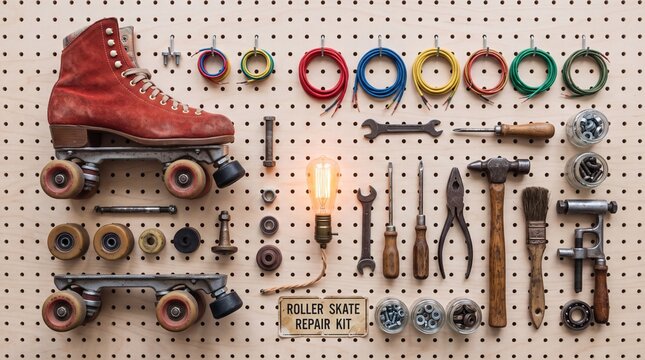 Roller Skate Repair Kit Displayed on Pegboard with Tools and Spare Parts