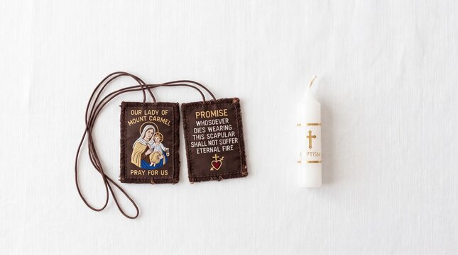 Catholic Scapular and Baptismal Candle on White Background