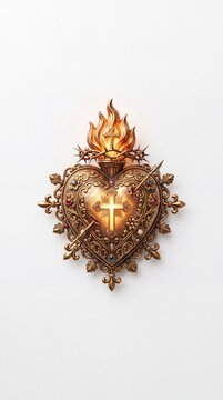 Sacred Heart of Jesus with cross thorns and flames on white background