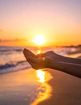Cupped hands hold the light of a vibrant sunset over a tranquil beach.