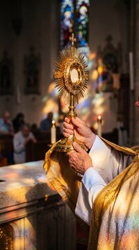 Priest holds monstrance with host during Catholic mass with stained glass light