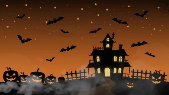 Spooky haunted house silhouette with flying bats and glowing pumpkins on a foggy Halloween night.