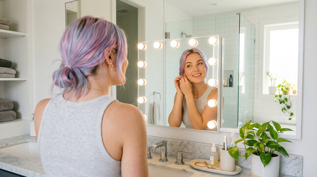 Stylish woman with purple hair standing in bright elegant bathroom mirror perfect for professional beauty fashion routines and modern morning lifestyle
