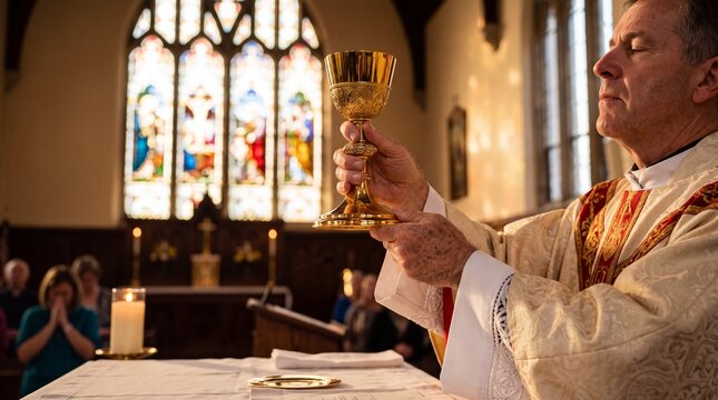 Priest holding golden chalice during religious ceremony in church with stained glass windows