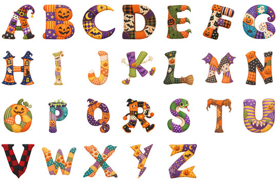 Alphabet letters adorned with Halloween-themed patchwork patterns, including pumpkins, witches' hats, ghosts, and bats, create a whimsical and festive display for educational or decorative purposes.