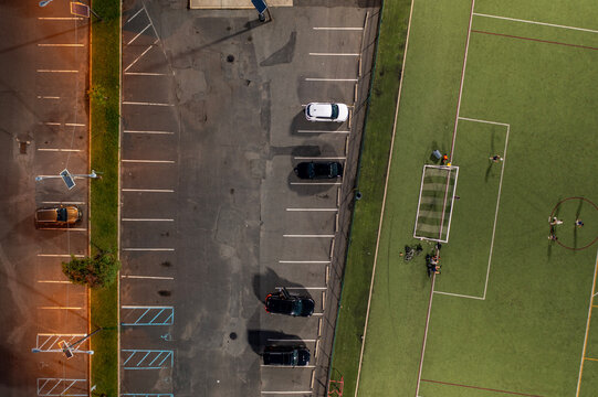 Evening aerial view of Soccer practica and Parking lot