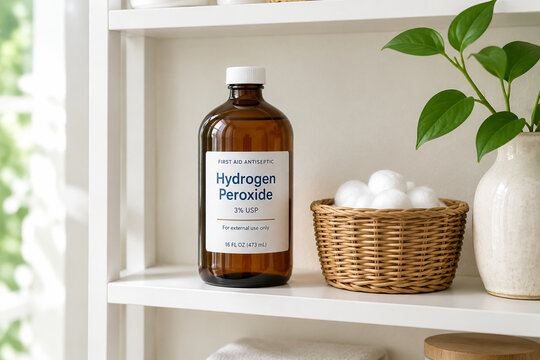Amber glass hydrogen peroxide bottle with wicker basket and cotton balls on white shelf, home care and pharmacy concept