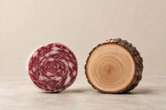 Dried saucisson cross-section beside tree log slice, cured meat and wood texture concept