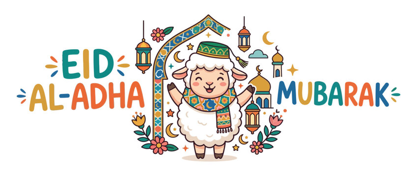 Cute Sheep Celebrating Eid Al-Adha Mubarak with Islamic Decorations and Lanterns