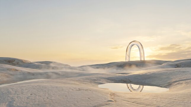 Minimalist glass arch in desert landscape at sunset, surreal futuristic sculpture on white sand dunes, ethereal dreamlike scenery