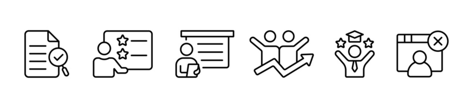 Human capital lifecycle and talent development icon set. Employee management onboarding, training, and offboarding. Editable vector illustration
