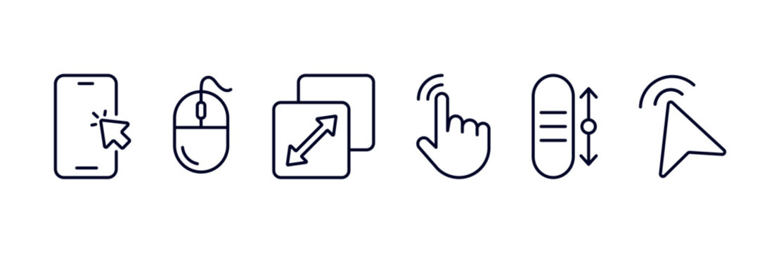 Computer cursor and touch navigation line icon set. User interface, mouse click, scroll navigation tools, gestures, and scroll symbol vector collection.