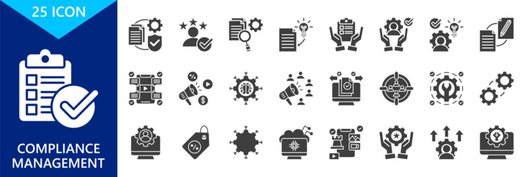 compliance management icon set collection. icon set contain compliance, artificial intelligence, achievement, optimization, implementation. editable glyph dual color icons. vector illustration