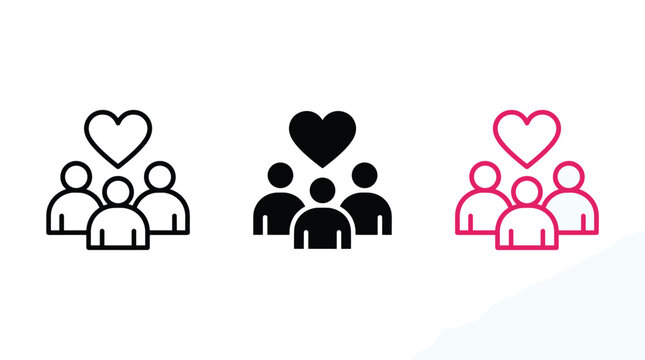 Group of people with love heart icons for community connection and social care concepts