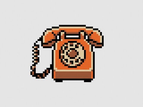 Pixel art orange rotary telephone icon isolated on a light grey background