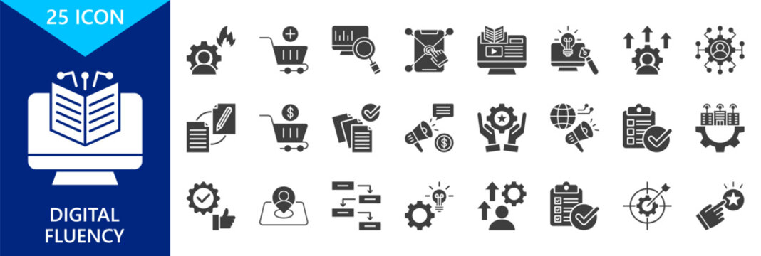 digital fluency icon set collection. icon set contain digital literacy, motivation, purchase, data analytics, digital responsibility. editable glyph dual color icons. vector illustration