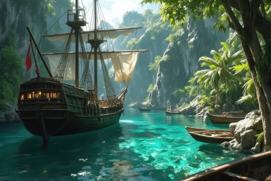 Piratenschiff in einer tropischen Lagune mit t&uuml;rkisfarbenem Wasser und &uuml;ppiger K&uuml;stenvegetation