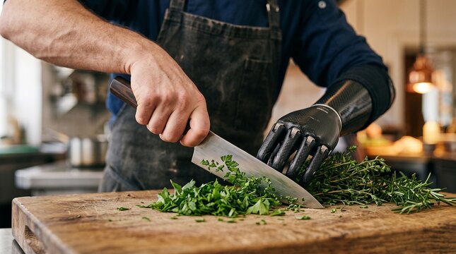 Chef with a prosthetic arm chopping fresh herbs on a wooden cutting board bionic hand food preparation cooking technique kitchen tools chef work inclusive workplace chef knife