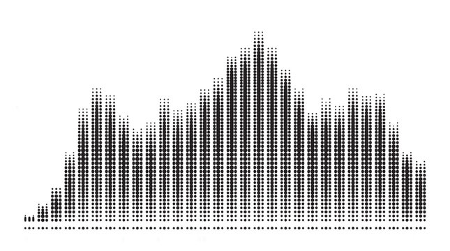 Vertical bar graph audio visualizer made of halftone dots, modern equalizer spectrum shape, clean geometric arrangement, monochrome vector design, white background