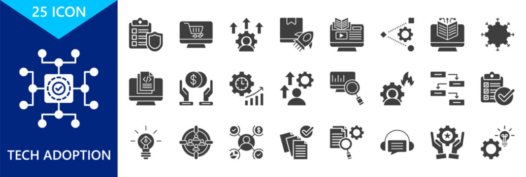 tech adoption icon set collection. icon set contain digital, protocol, online store, upgrade, product launch. editable glyph dual color icons. vector illustration