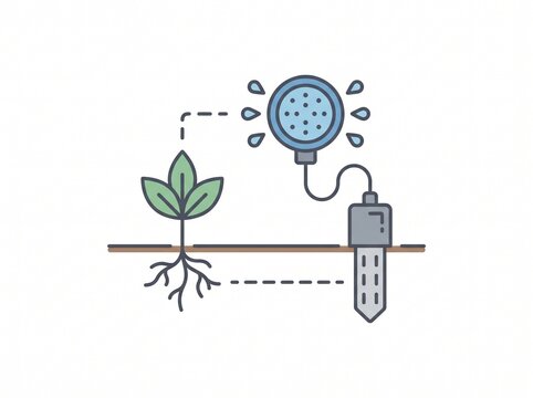Smart irrigation system icon with soil moisture sensor and automatic garden sprinkler.