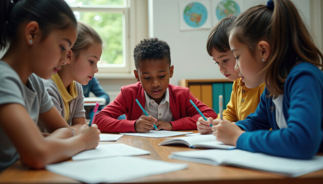 Elementary students studying in classroom, diverse elementary students studying together at shared table with notebooks, pencils and focused collaboration and learning activity,