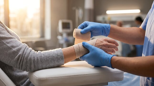 Healthcare professional applying a medical compression bandage to a patient's wrist for injury recovery in a clinic