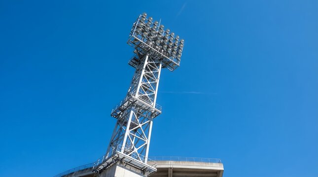 Tall stadium floodlight tower against a clear blue sky.