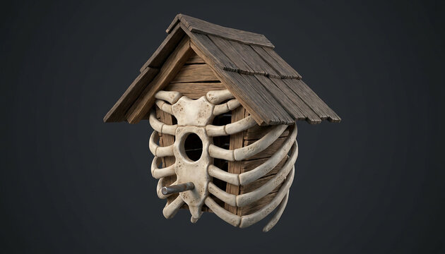 Halloween concept of a creepy wooden birdhouse morphed with a skeletal bone ribcage isolated on a dark background