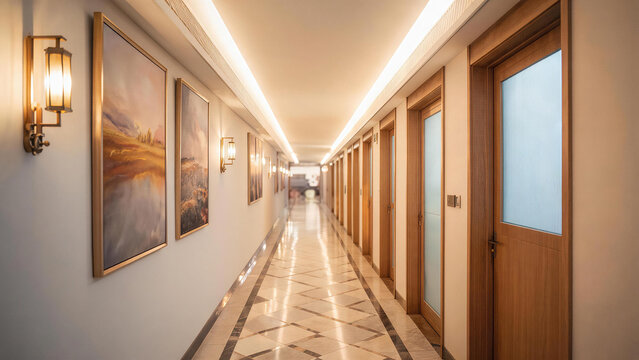 A long, bright indoor corridor with marble flooring, wooden doors, and framed landscape artworks on the walls. Warm wall lamps and ceiling lights illuminate the space neatly.