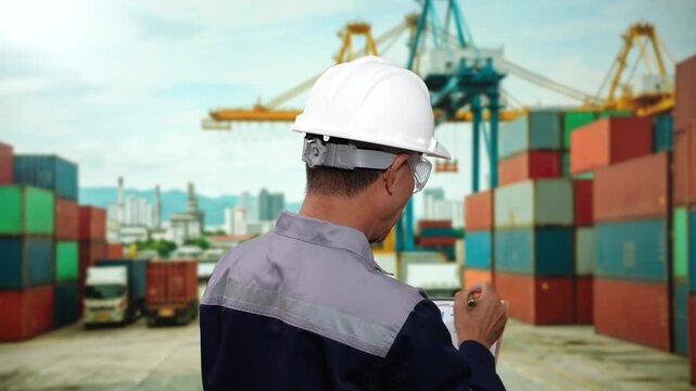 Rear view of a port worker in a hard hat inspecting stacked shipping containers at a busy cargo terminal with cranes and trucks.