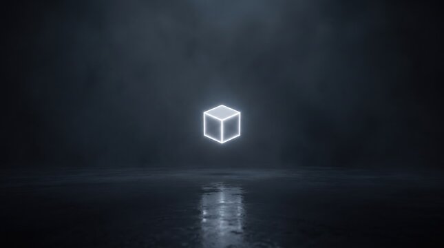 Single glowing voxel floating in deep darkness with minimalistic composition, soft atmospheric glow, subtle light scattering, high contrast geometry, sharp edges, futuristic cinematic mood