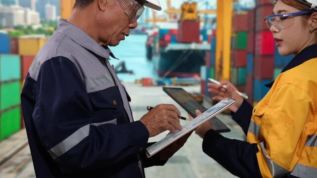 Dock workers in safety uniforms review documents on a clipboard beside stacked shipping containers at a busy cargo port.