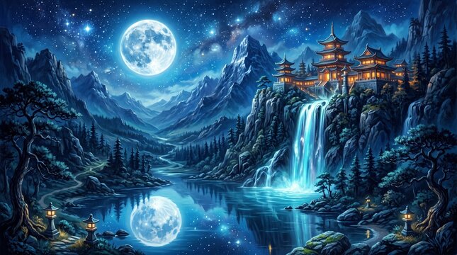 Asian moonlit temple