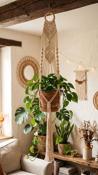 Bohemian macrame plant hanger with green plant
