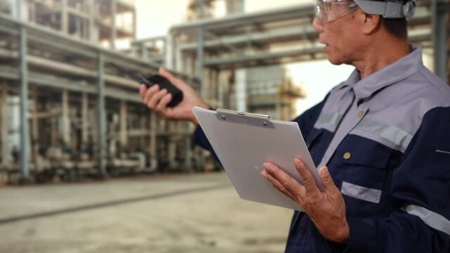 Industrial worker in safety glasses uses a walker talkie and clipboard beside pipes at a factory plant.