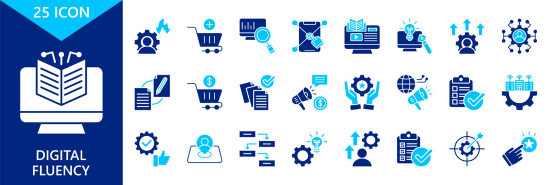 digital fluency icon set collection. icon set contain digital literacy, motivation, purchase, data analytics, digital responsibility. editable glyph dual color icons. vector illustration