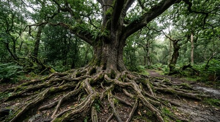 Fototapeta premium Ancient Majestic Oak Tree with Sprawling Exposed Roots in a Lush Forest.