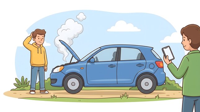 Hatchback With Smoking Engine and Roadside Assistance