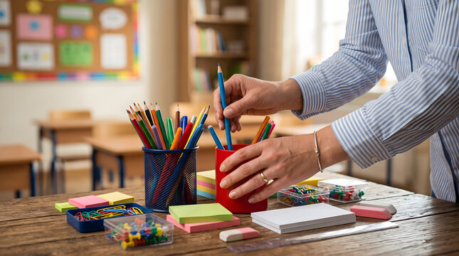 A diligent educator carefully organizes a vibrant assortment of pencils crayons erasers and sticky notes on a wooden desk in an empty classroom ready for students to learn and engage in creative
