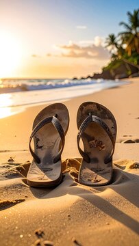 A pair of flip-flops sit on a sandy beach at sunset.