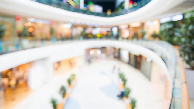 Blurred high-angle view of a spacious multi-level indoor shopping mall interior with plants and lighting fixtures.