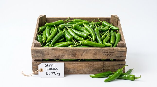 Fresh green chilies in wooden crate