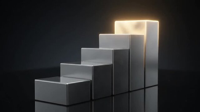 Metallic blocks rising to form financial growth chart with glow